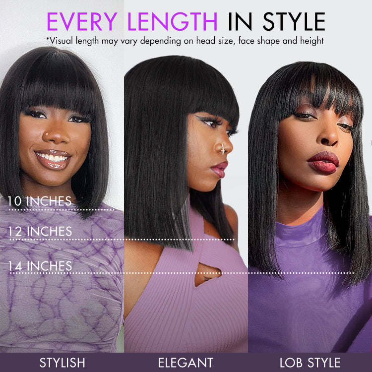 Put On and Go Realistic Glueless Yaki Straight Bob with Bangs Minimalist Lace Wig 100% Human Hair-02