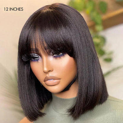 Put On and Go Realistic Glueless Yaki Straight Bob with Bangs Minimalist Lace Wig 100% Human Hair-03