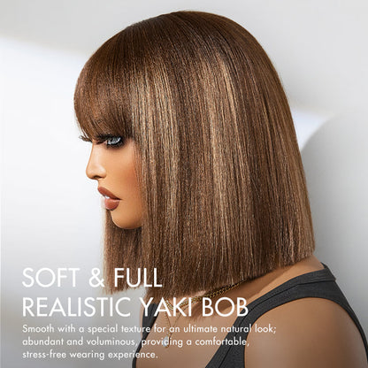 Put On and Go Realistic Glueless Yaki Straight Bob with Bangs Minimalist Lace Wig 100% Human Hair-05