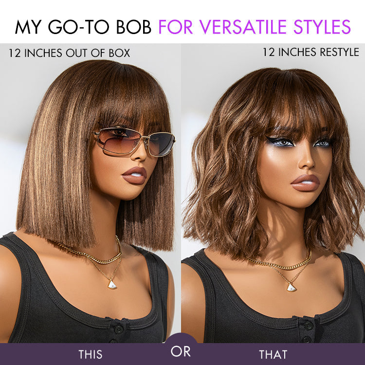 Put On and Go Realistic Glueless Yaki Straight Bob with Bangs Minimalist Lace Wig 100% Human Hair-06