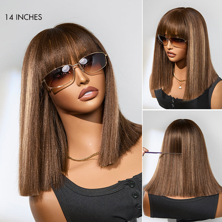 Put On and Go Realistic Glueless Yaki Straight Bob with Bangs Minimalist Lace Wig 100% Human Hair-07