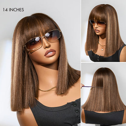 Put On and Go Realistic Glueless Yaki Straight Bob with Bangs Minimalist Lace Wig 100% Human Hair-07