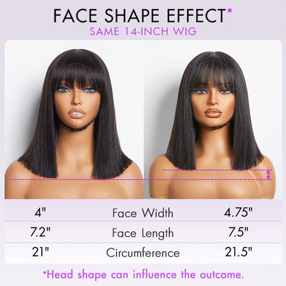 Put On and Go Realistic Glueless Yaki Straight Bob with Bangs Minimalist Lace Wig 100% Human Hair-10