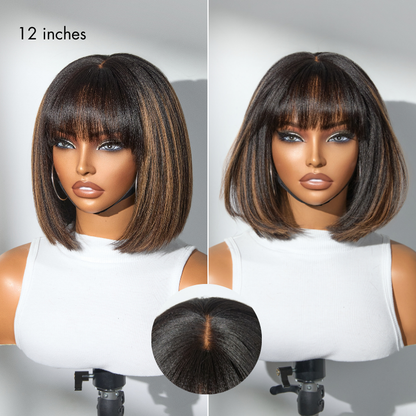 Put On and Go Realistic Glueless Yaki Straight Bob with Bangs Minimalist Lace Wig 100% Human Hair-12