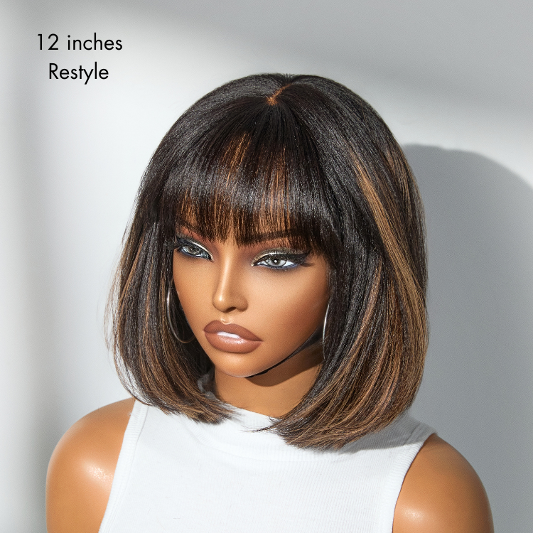 Put On and Go Realistic Glueless Yaki Straight Bob with Bangs Minimalist Lace Wig 100% Human Hair-14