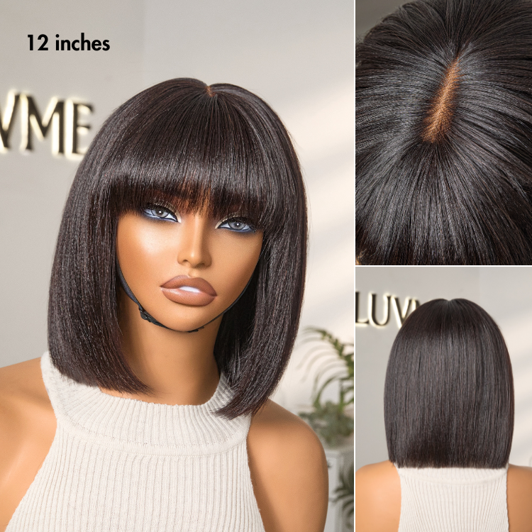 Put On and Go Realistic Glueless Yaki Straight Bob with Bangs Minimalist Lace Wig 100% Human Hair-16