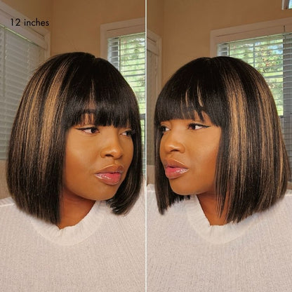Put On and Go Realistic Glueless Yaki Straight Bob with Bangs Minimalist Lace Wig 100% Human Hair-26