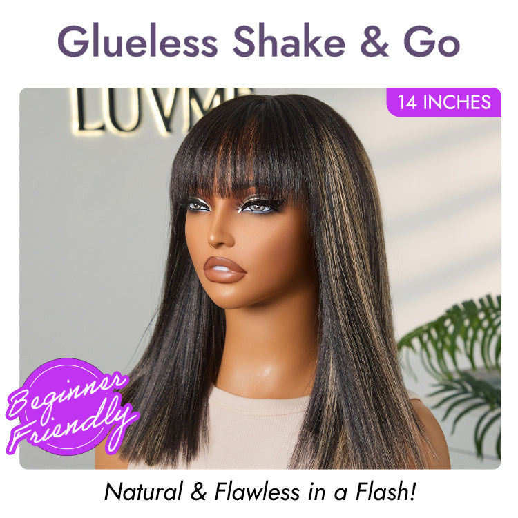 Put On and Go Realistic Glueless Yaki Straight Bob with Bangs Minimalist Lace Wig 100% Human Hair-28