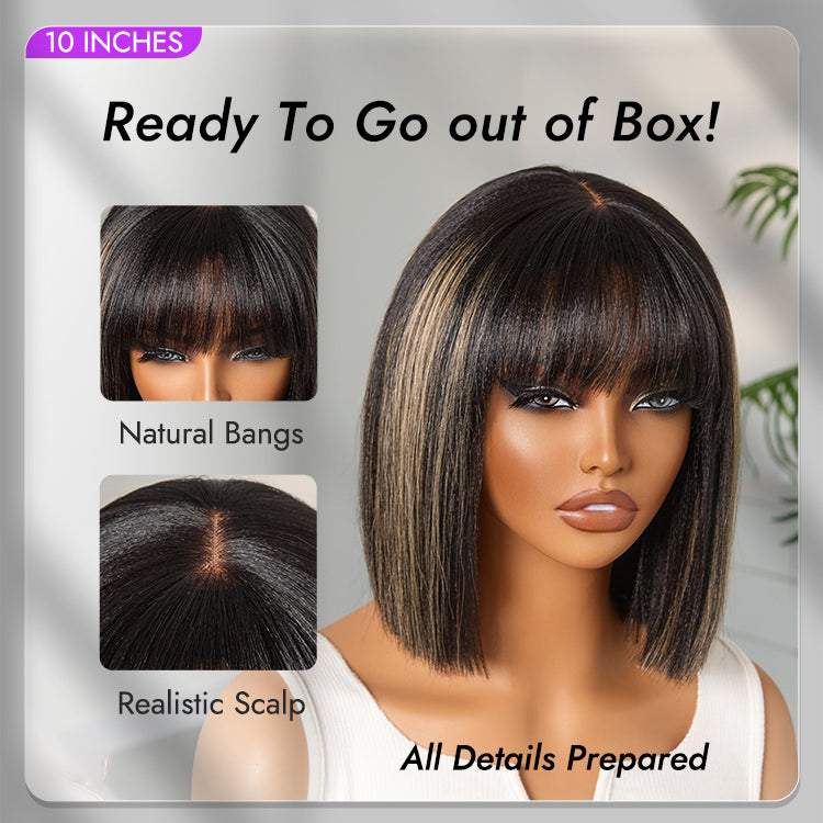 Put On and Go Realistic Glueless Yaki Straight Bob with Bangs Minimalist Lace Wig 100% Human Hair-29