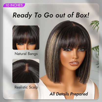 Put On and Go Realistic Glueless Yaki Straight Bob with Bangs Minimalist Lace Wig 100% Human Hair-29