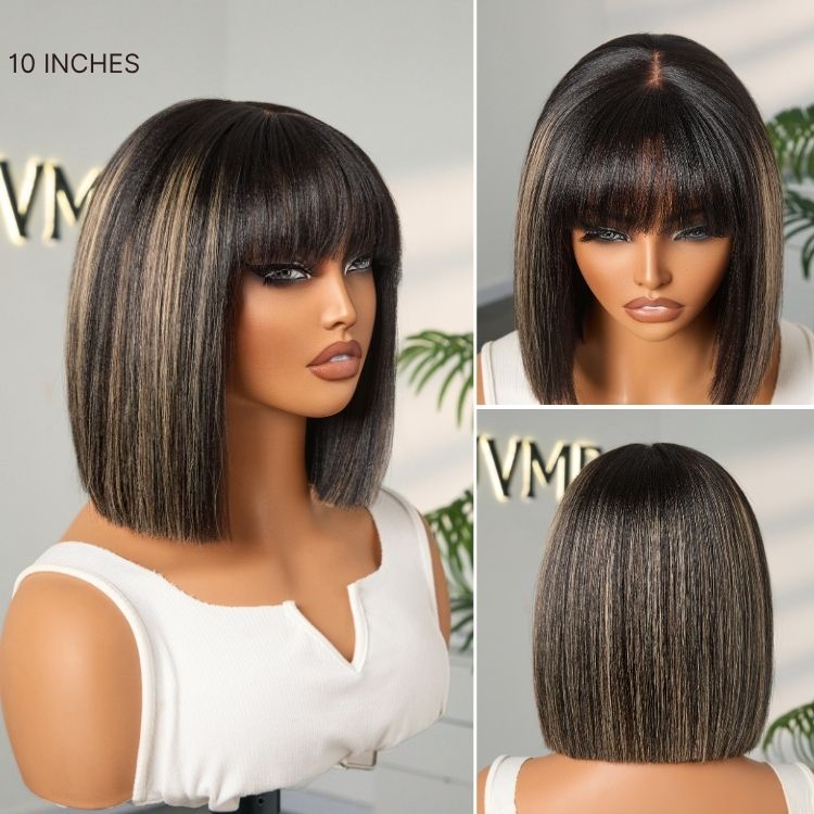 Put On and Go Realistic Glueless Yaki Straight Bob with Bangs Minimalist Lace Wig 100% Human Hair-30