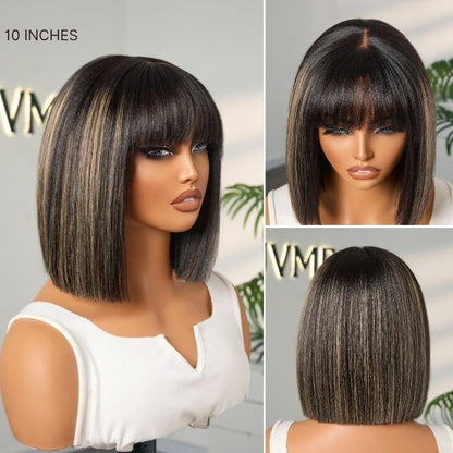 Put On and Go Realistic Glueless Yaki Straight Bob with Bangs Minimalist Lace Wig 100% Human Hair-30