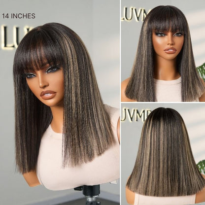 Put On and Go Realistic Glueless Yaki Straight Bob with Bangs Minimalist Lace Wig 100% Human Hair-31