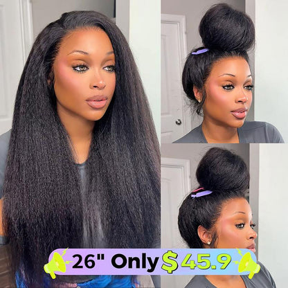Sale Happening Now:70%OFF Pre-Cut Lace Kinky Straight 360 Full Lace Frontal Glueless Wig With Invisi Drawstring Pre Plucked Human Hair Wig